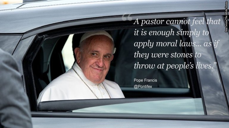 "A pastor cannot feel that it is enough simply to apply moral laws ... as if they were stones to throw at people's lives," Francis writes in a sweeping paper outlining his stance on family matters.