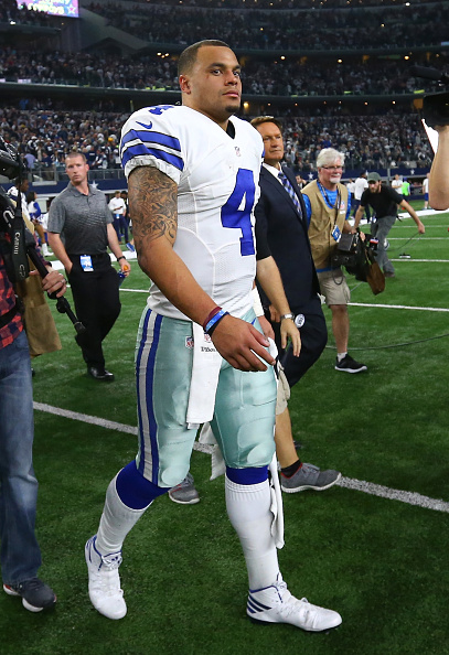 ARLINGTON, TX - JANUARY 15: Dak Prescott #4 of the Dallas Cowboys reacts after losing to the Green Bay Packers in the NFC Divisional Playoff game at AT&T Stadium on January 15, 2017 in Arlington, Texas. (Photo by Ronald Martinez/Getty Images)